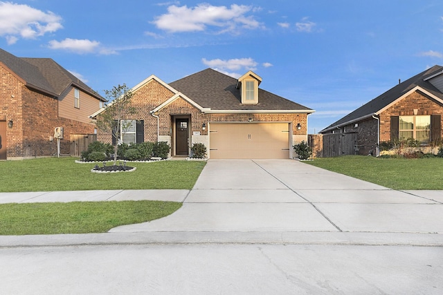 view of front of property featuring brick siding, an attached garage, a front yard, and concrete driveway