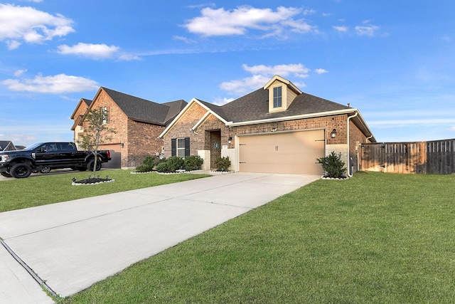 view of front of house with fence, driveway, brick siding, a front yard, and a garage