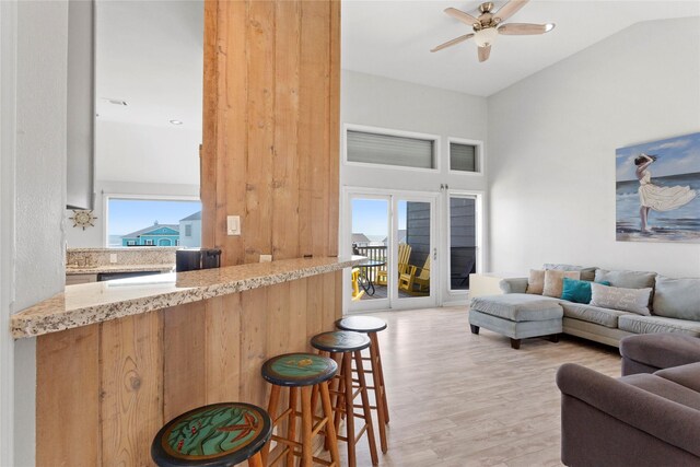 living area with light wood-style flooring, a healthy amount of sunlight, high vaulted ceiling, and ceiling fan
