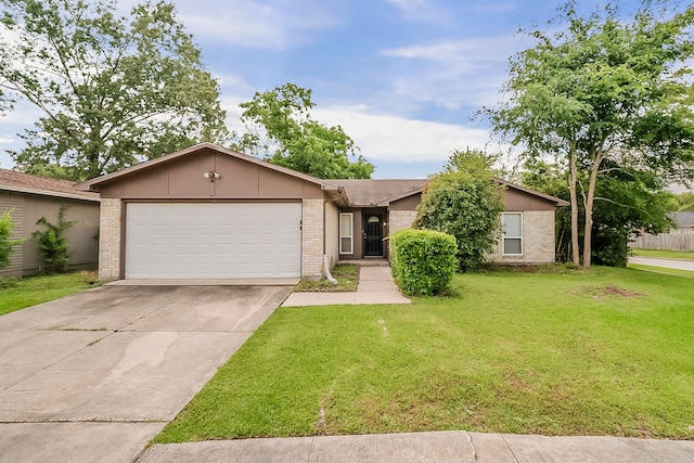 ranch-style house with a front lawn, brick siding, a garage, and concrete driveway