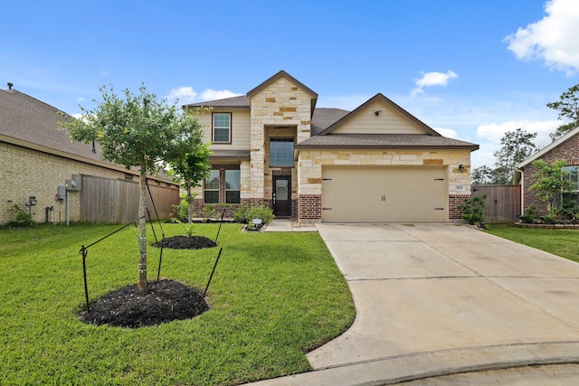 view of front of home featuring a front lawn, an attached garage, concrete driveway, and fence