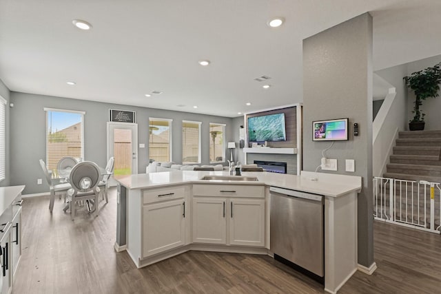 kitchen featuring a sink, dark wood finished floors, open floor plan, a glass covered fireplace, and dishwasher