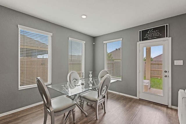 dining space featuring radiator heating unit, wood finished floors, and baseboards