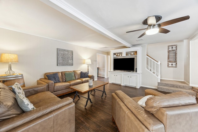 living area featuring visible vents, ceiling fan, stairs, and dark wood-style flooring