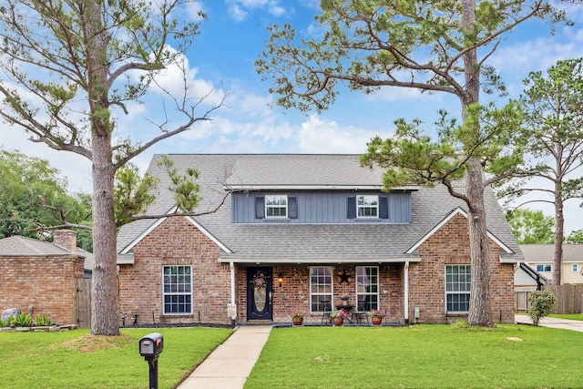 traditional home with a porch, a front lawn, brick siding, roof with shingles, and fence