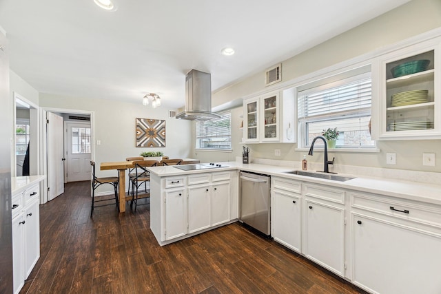 kitchen with a sink, island exhaust hood, visible vents, electric stovetop, and stainless steel dishwasher