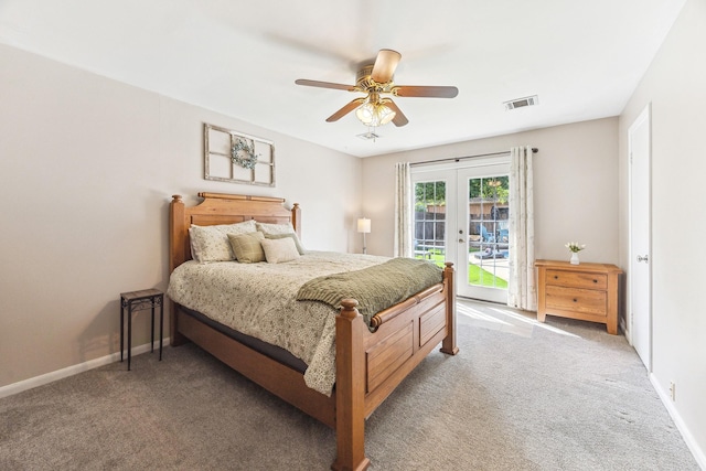 bedroom featuring light colored carpet, visible vents, access to exterior, french doors, and a ceiling fan