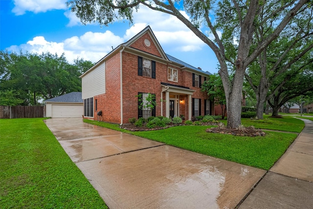 1842 Lake Winds, Missouri City, TX 77459 - view of front of house featuring a detached garage, brick siding, fence, and a front yard