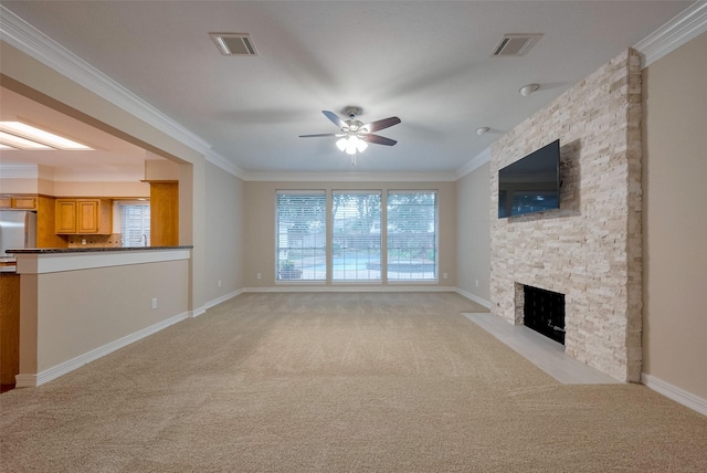 1842 Lake Winds, Missouri City, TX 77459 - unfurnished living room with light carpet, a ceiling fan, and visible vents