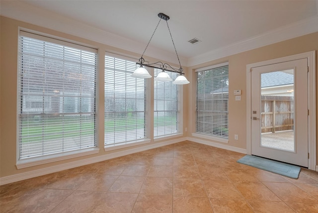 1842 Lake Winds, Missouri City, TX 77459 - unfurnished dining area featuring baseboards, ornamental molding, visible vents, and light tile patterned floors