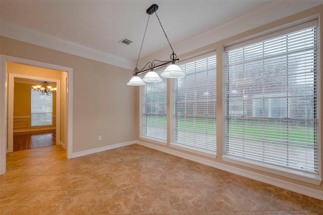 1842 Lake Winds, Missouri City, TX 77459 - unfurnished dining area featuring an inviting chandelier, light tile patterned flooring, crown molding, visible vents, and baseboards