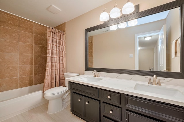 1842 Lake Winds, Missouri City, TX 77459 - full bathroom featuring shower / tub combo with curtain, a sink, double vanity, and toilet