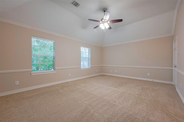 1842 Lake Winds, Missouri City, TX 77459 - spare room featuring light colored carpet, visible vents, baseboards, vaulted ceiling, and a ceiling fan