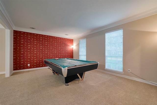 1842 Lake Winds, Missouri City, TX 77459 - recreation room featuring carpet floors, pool table, and ornamental molding