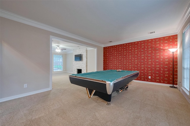 1842 Lake Winds, Missouri City, TX 77459 - game room with a stone fireplace, pool table, ornamental molding, carpet flooring, and visible vents