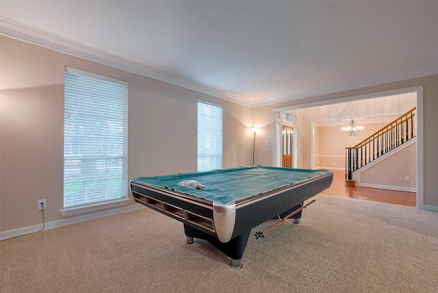 1842 Lake Winds, Missouri City, TX 77459 - playroom with carpet, billiards, ornamental molding, baseboards, and a chandelier