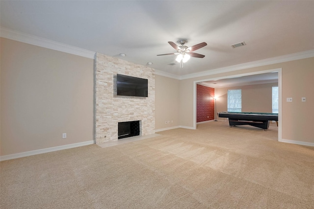 1842 Lake Winds, Missouri City, TX 77459 - unfurnished living room with crown molding, visible vents, carpet flooring, and pool table