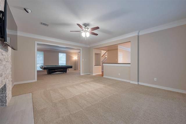 1842 Lake Winds, Missouri City, TX 77459 - unfurnished living room with billiards, ceiling fan, light carpet, ornamental molding, and visible vents