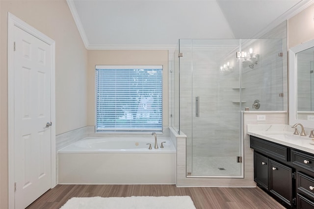 1842 Lake Winds, Missouri City, TX 77459 - bathroom featuring wood finished floors, crown molding, a stall shower, and vanity