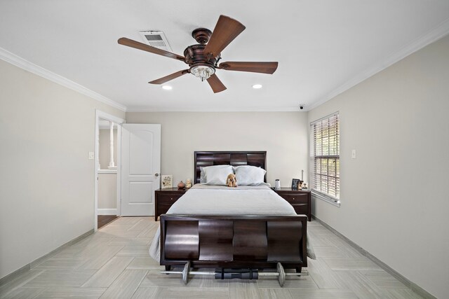 bedroom with a ceiling fan, crown molding, baseboards, visible vents, and recessed lighting