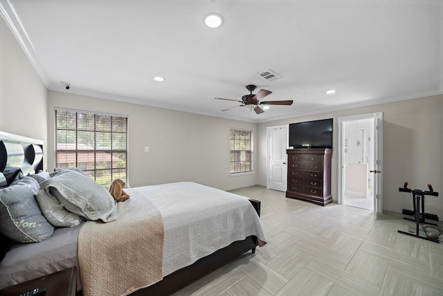 bedroom with visible vents, ornamental molding, and multiple windows