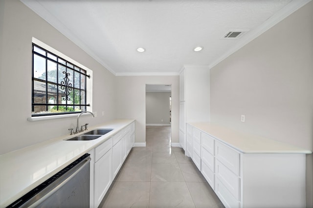 bar featuring stainless steel dishwasher, crown molding, a sink, visible vents, and recessed lighting