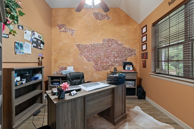 25672 Magnolia Pines Dr, Magnolia, TX 77355 - home office featuring wood finished floors, vaulted ceiling, ceiling fan, and baseboards
