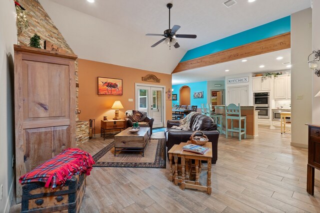 25672 Magnolia Pines Dr, Magnolia, TX 77355 - living area with ceiling fan, light wood-style floors, recessed lighting, and high vaulted ceiling