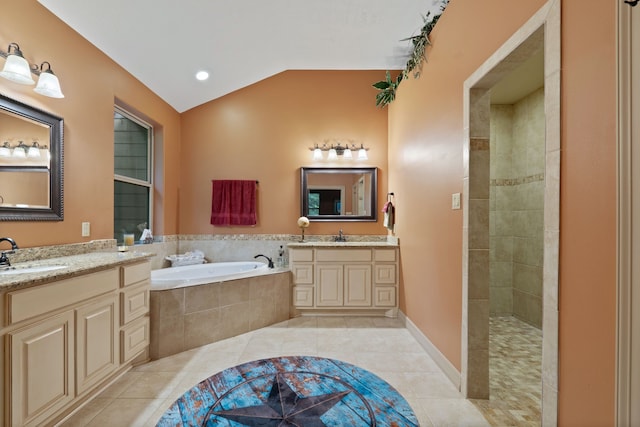 25672 Magnolia Pines Dr, Magnolia, TX 77355 - full bath with a bath, lofted ceiling, two vanities, tile patterned flooring, and tiled shower