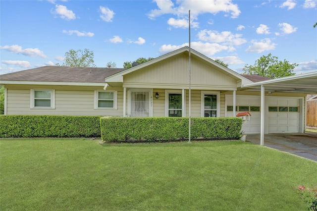 single story home featuring an attached garage, a shingled roof, a front lawn, and concrete driveway