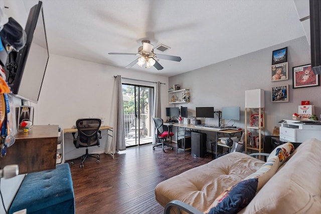 1201 Bering Dr Unit 28, Houston, TX 77057 - home office featuring a ceiling fan, visible vents, and dark wood-style flooring
