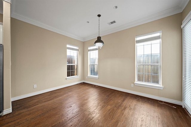 3444 Cline St, Houston, TX 77020 - empty room with baseboards, visible vents, ornamental molding, and dark wood finished floors