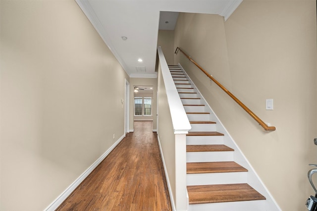 3444 Cline St, Houston, TX 77020 - staircase featuring attic access, baseboards, recessed lighting, wood finished floors, and crown molding