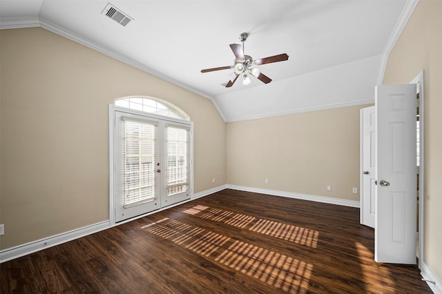 3444 Cline St, Houston, TX 77020 - spare room with ceiling fan, french doors, visible vents, lofted ceiling, and dark wood-style floors
