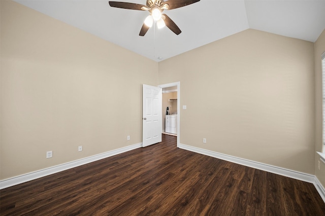 3444 Cline St, Houston, TX 77020 - empty room with dark wood finished floors, vaulted ceiling, a ceiling fan, washer / dryer, and baseboards