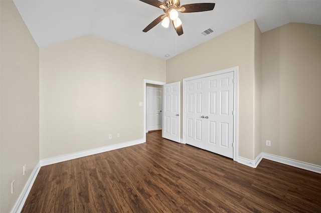 3444 Cline St, Houston, TX 77020 - unfurnished bedroom featuring lofted ceiling, baseboards, visible vents, and dark wood-style floors