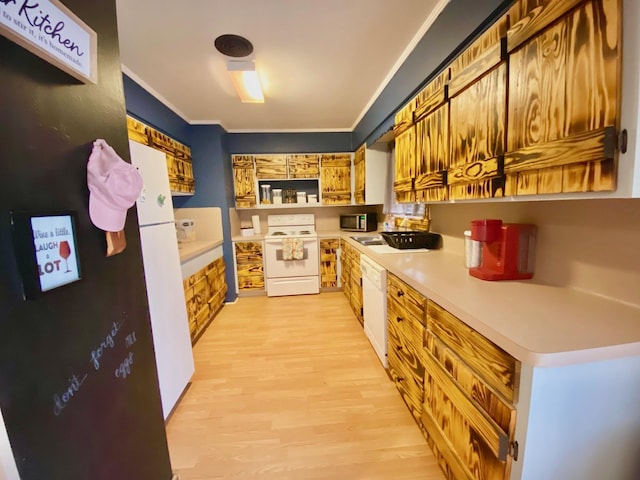 kitchen featuring open shelves, white appliances, light wood finished floors, light countertops, and ornamental molding