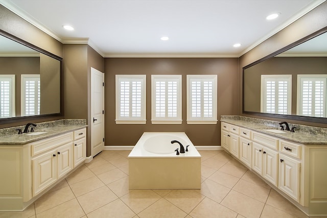 bathroom with a wealth of natural light, ornamental molding, and a sink