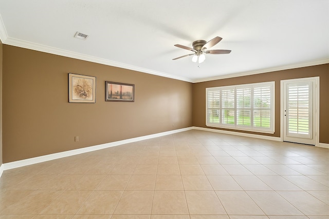 unfurnished room with baseboards, visible vents, a ceiling fan, crown molding, and light tile patterned floors