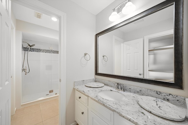 full bath featuring a shower stall, vanity, tile patterned floors, and visible vents