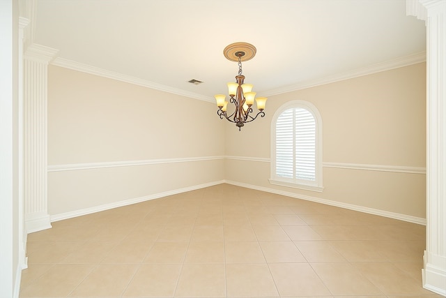 empty room featuring light tile patterned flooring, baseboards, visible vents, a chandelier, and crown molding