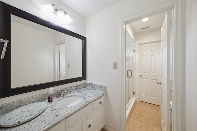 full bathroom with a shower stall, tile patterned floors, and vanity