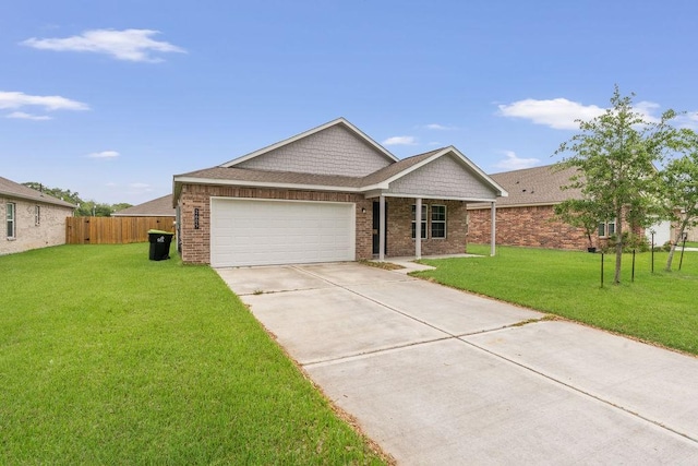 single story home with fence, a front lawn, driveway, brick siding, and a garage