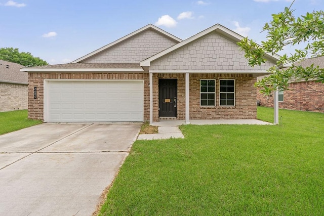 single story home featuring brick siding, a front lawn, driveway, and a garage