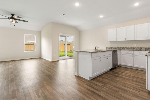 kitchen with a ceiling fan, stainless steel dishwasher, a sink, a peninsula, and open floor plan