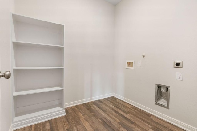 laundry area with laundry area, wood finished floors, hookup for an electric dryer, gas dryer hookup, and washer hookup