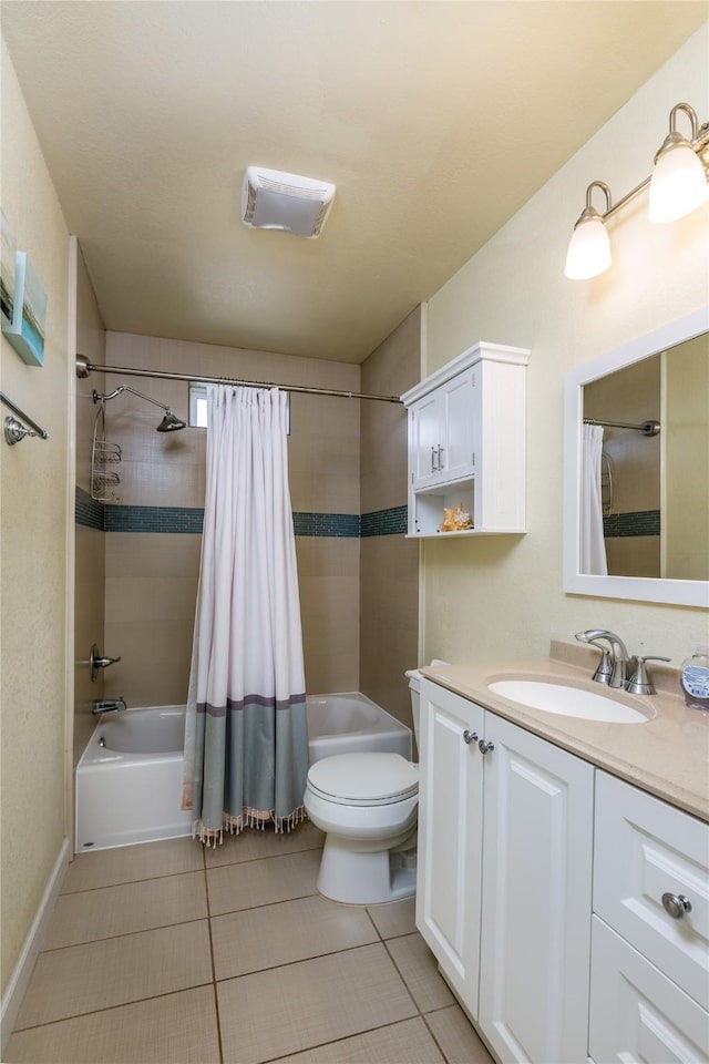 4215 San Jacinto Dr, Galveston, TX 77554 - bathroom featuring shower / bath combination with curtain, vanity, toilet, and tile patterned floors