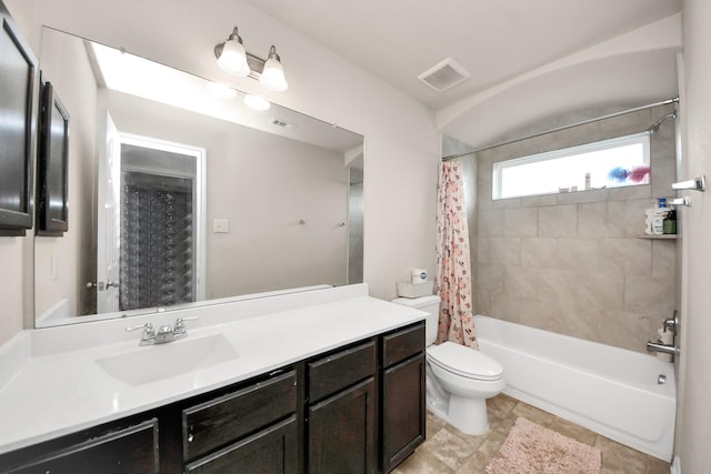 full bathroom featuring vanity, toilet, shower / bath combo, and visible vents