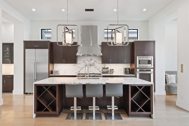 2703 Westgrove Ln, Houston, TX 77027 - kitchen with built in appliances, island range hood, an island with sink, and open shelves