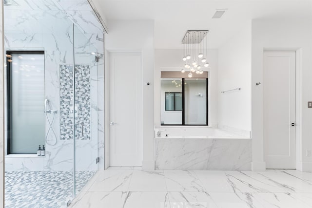 2703 Westgrove Ln, Houston, TX 77027 - full bathroom with a garden tub, a marble finish shower, marble finish floor, an inviting chandelier, and visible vents